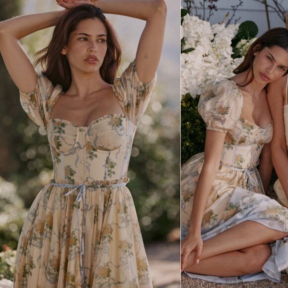 House of CB 'Penelope' lemon vintage rose chiffon midi dress NWOT - Picture 3 of 3